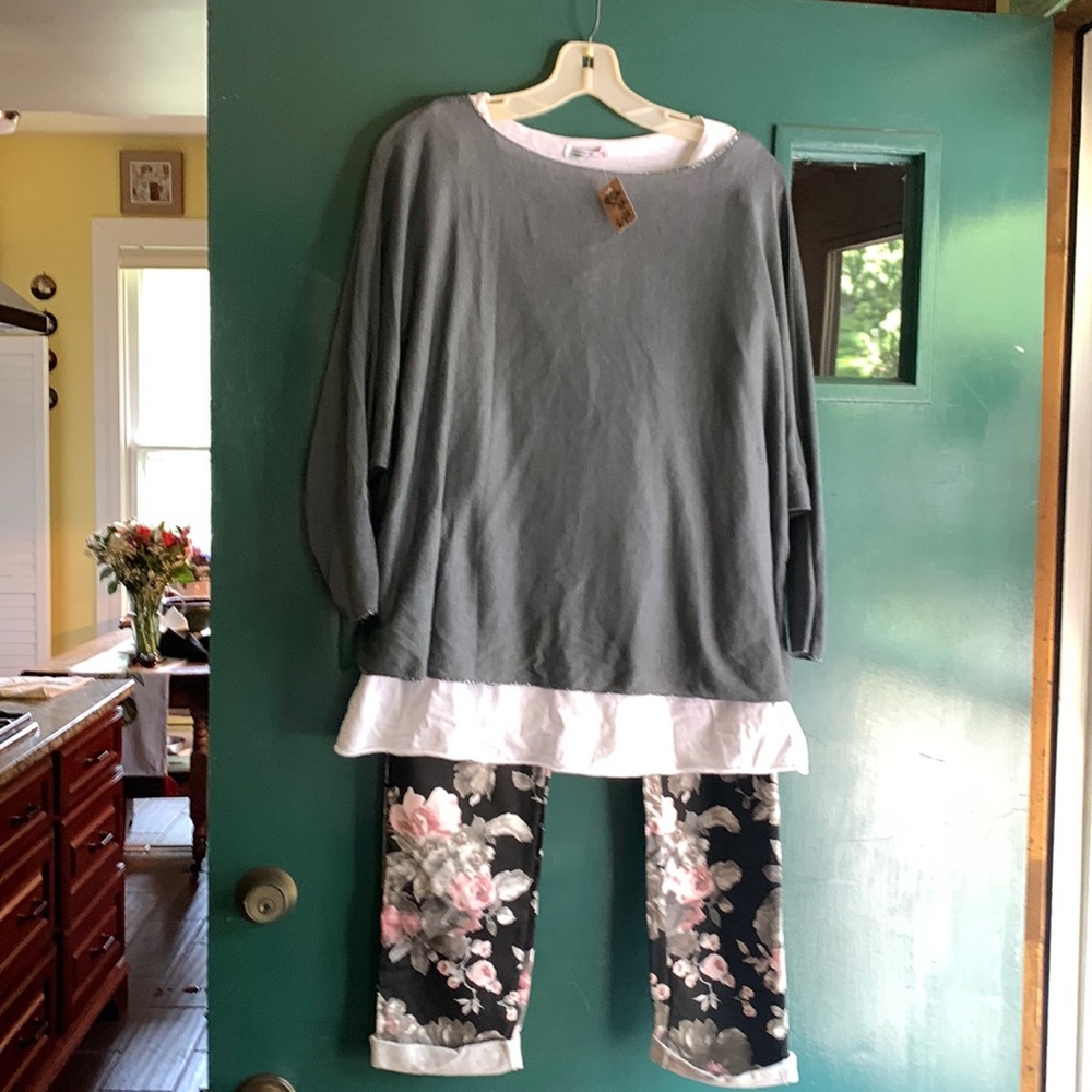 Flowered pants with a layered 3/4 sleeve grey and white top. Never worn.